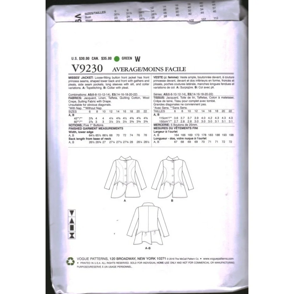 Vogue V9230 Marcy Tilton Jacket Sewing Pattern Size 6-14 Uncut Designer Original